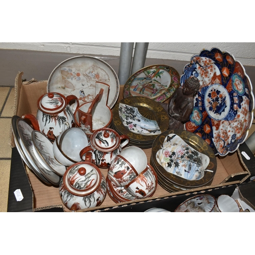 382 - TWO BOXES OF ASIAN CERAMICS, including a late 19th century Imari scallop edged charger, a.f. (glued ... 