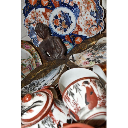 382 - TWO BOXES OF ASIAN CERAMICS, including a late 19th century Imari scallop edged charger, a.f. (glued ... 