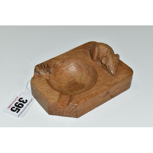 395 - A ROBERT THOMPSON 'MOUSEMAN' STYLE ASHTRAY,  hand carved oak ashtray with signature mouse, length 10... 