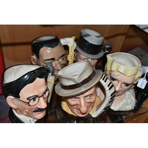 403 - FIVE ROYAL DOULTON CHARACTER JUGS, comprising D6710 'Groucho', D6708 'Jimmy Durante', D6707 'Louis A... 