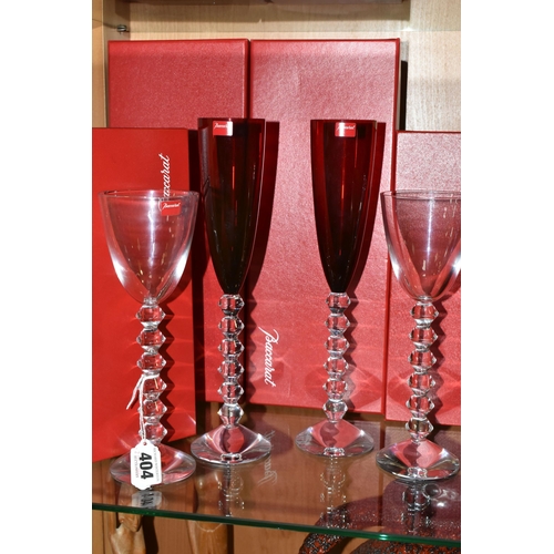 404 - TWO PAIRS OF BOXED BACCARAT RHINE GLASSES, comprising two ruby coloured  Baccarat Vega Flutissimo ch... 