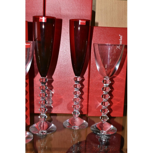 404 - TWO PAIRS OF BOXED BACCARAT RHINE GLASSES, comprising two ruby coloured  Baccarat Vega Flutissimo ch... 