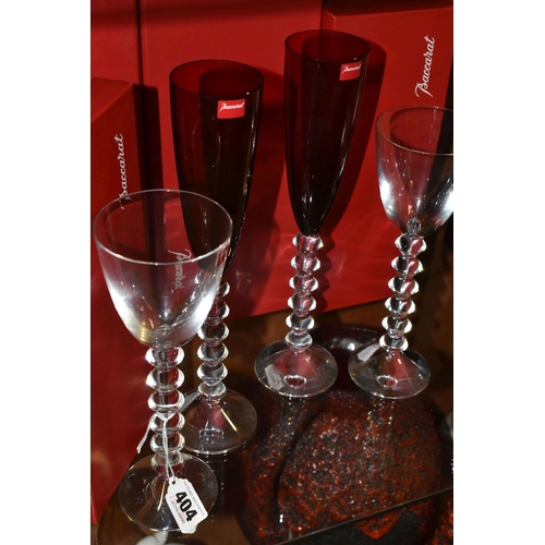 404 - TWO PAIRS OF BOXED BACCARAT RHINE GLASSES, comprising two ruby coloured  Baccarat Vega Flutissimo ch... 