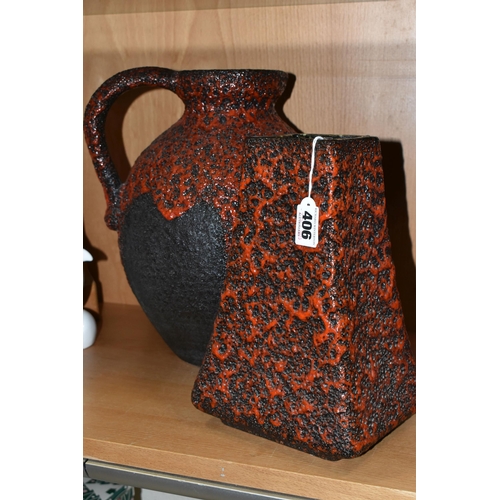 406 - A GERMAN RED LAVA GLAZE DESIGN FLAGON, impressed Germany 990-30 on the base, together with a graduat... 