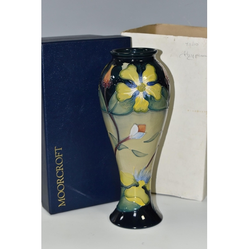 416 - A BOXED MOORCROFT POTTERY 'HYPERICUM' PATTERN VASE, of slender inverted baluster form and flared rim... 