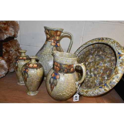 417 - FIVE PIECES OF CRANSTON POTTERY, tube lined 'Tukon' pattern on a mottled glaze, comprising a large c... 