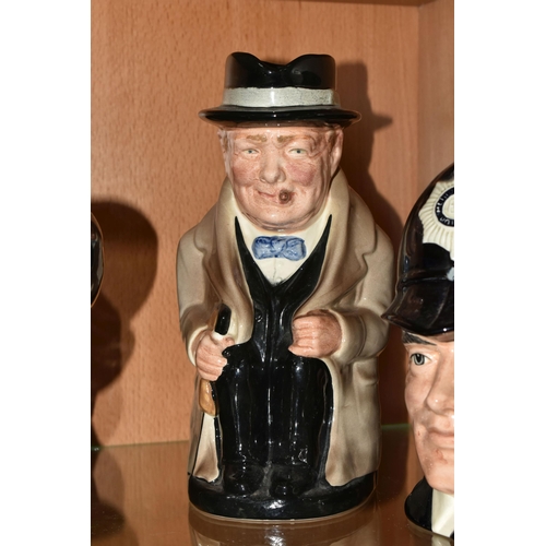 419 - SEVEN ROYAL DOULTON CHARACTER JUGS, comprising D6759 Pearly Queen, D6744 The London Bobby, Winston C... 