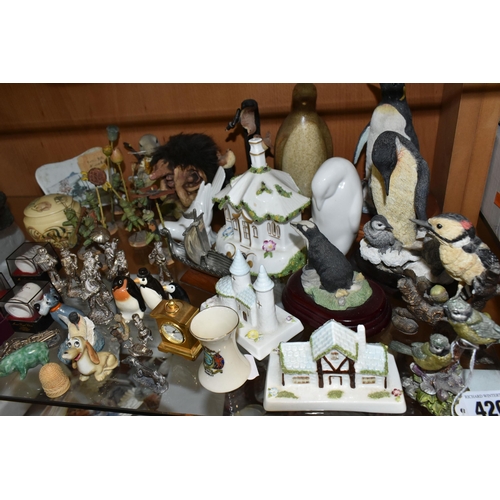 420 - A GROUP OF CERAMICS AND BIRD ORNAMENTS, comprising a Chinese porcelain plaque hand painted mountain ... 