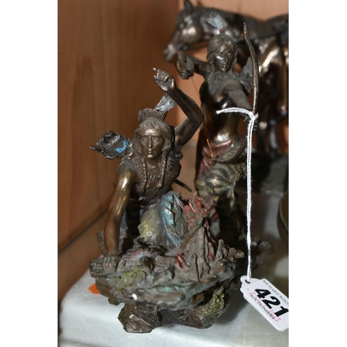 421 - FIVE 'VERONESE' BRONZED RESIN  NATIVE AMERICAN INDIAN FIGURES, comprising number 56846 a figure with... 