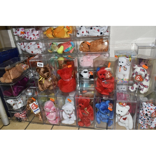 424 - A COLLECTION OF FORTY TWO TY BEANIE BABY ANIMALS, in perspex storage display cases, to include Curly... 