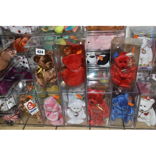 424 - A COLLECTION OF FORTY TWO TY BEANIE BABY ANIMALS, in perspex storage display cases, to include Curly... 