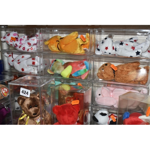 424 - A COLLECTION OF FORTY TWO TY BEANIE BABY ANIMALS, in perspex storage display cases, to include Curly... 