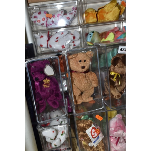 424 - A COLLECTION OF FORTY TWO TY BEANIE BABY ANIMALS, in perspex storage display cases, to include Curly... 