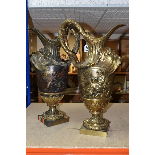 431 - A PAIR OF NEO- CLASSICAL BRASSPLATED EWERS, after Ferdinand Barbedienne with friezes of characters f... 