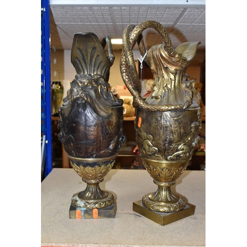 431 - A PAIR OF NEO- CLASSICAL BRASSPLATED EWERS, after Ferdinand Barbedienne with friezes of characters f... 