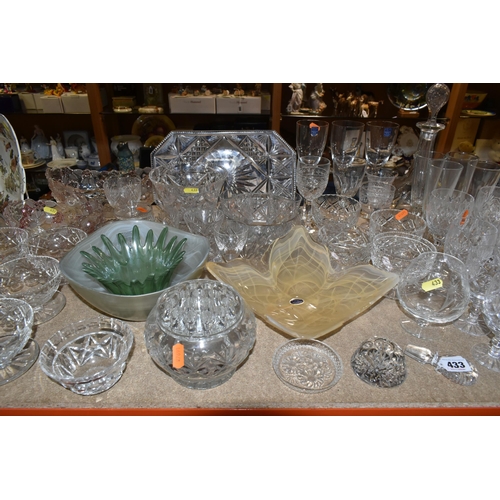 433 - A GROUP OF CUT CRYSTAL, comprising three Dartington Crystal wine glasses, an apricot coloured Murano... 