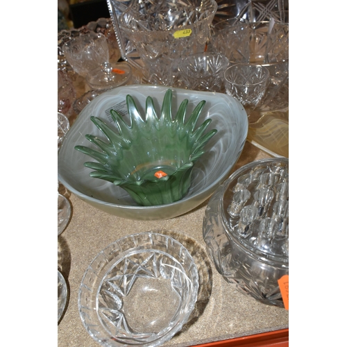 433 - A GROUP OF CUT CRYSTAL, comprising three Dartington Crystal wine glasses, an apricot coloured Murano... 