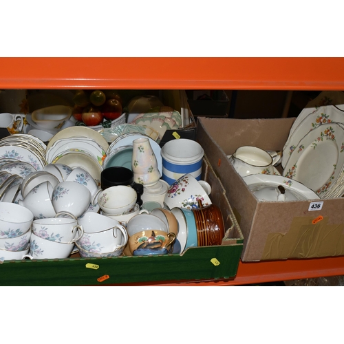 436 - FIVE BOXES OF CERAMICS AND GLASSWARE, to include Afred Meakin dinnerware, Japanese eggshell tea set,... 