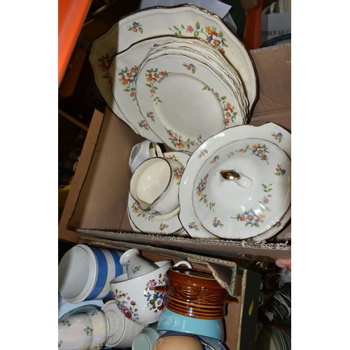 436 - FIVE BOXES OF CERAMICS AND GLASSWARE, to include Afred Meakin dinnerware, Japanese eggshell tea set,... 