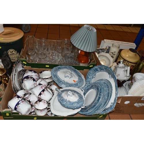 437 - FIVE BOXES OF CERAMICS AND GLASSWARE, to include a Burleigh 'Balmoral' pattern dinner set, a Diamond... 