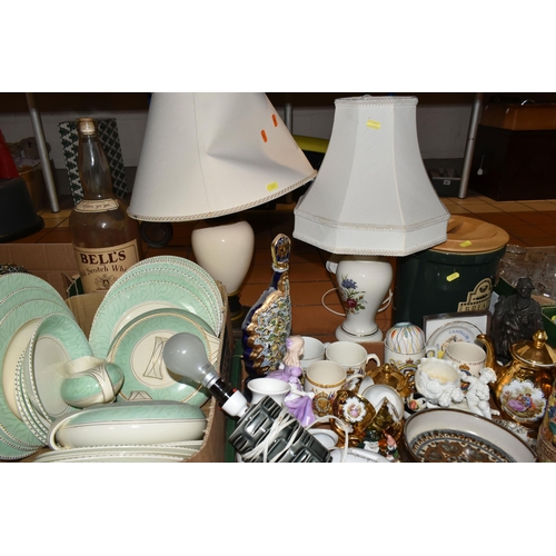 437 - FIVE BOXES OF CERAMICS AND GLASSWARE, to include a Burleigh 'Balmoral' pattern dinner set, a Diamond... 