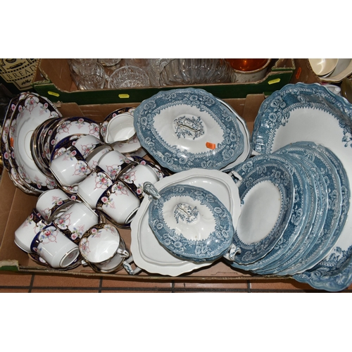 437 - FIVE BOXES OF CERAMICS AND GLASSWARE, to include a Burleigh 'Balmoral' pattern dinner set, a Diamond... 