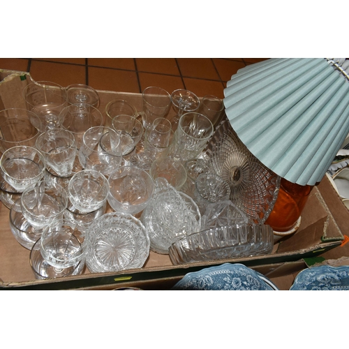 437 - FIVE BOXES OF CERAMICS AND GLASSWARE, to include a Burleigh 'Balmoral' pattern dinner set, a Diamond... 