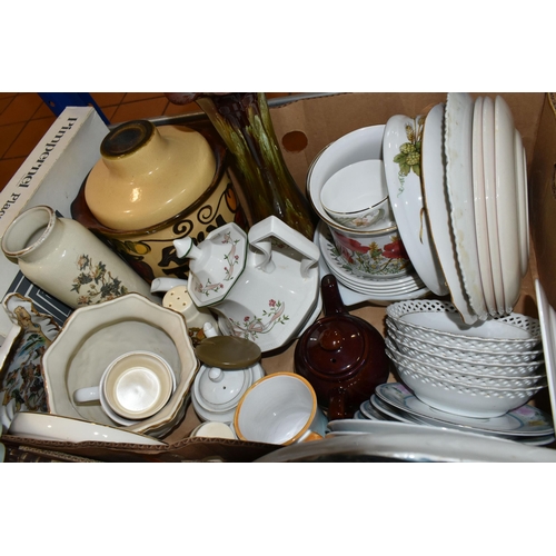 437 - FIVE BOXES OF CERAMICS AND GLASSWARE, to include a Burleigh 'Balmoral' pattern dinner set, a Diamond... 