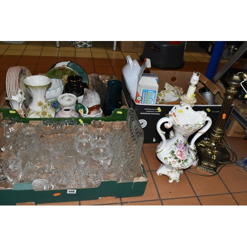 446 - THREE BOXES OF CERAMICS AND GLASSWARE, to include two table lamps,  cutglass wine glasses, tumblers,... 