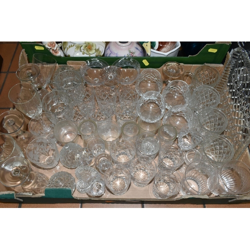 446 - THREE BOXES OF CERAMICS AND GLASSWARE, to include two table lamps,  cutglass wine glasses, tumblers,... 