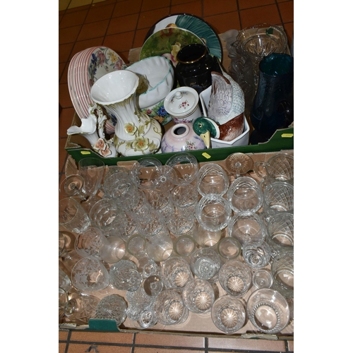 446 - THREE BOXES OF CERAMICS AND GLASSWARE, to include two table lamps,  cutglass wine glasses, tumblers,... 