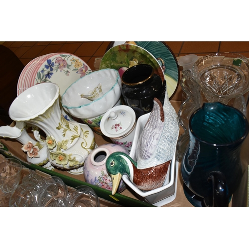 446 - THREE BOXES OF CERAMICS AND GLASSWARE, to include two table lamps,  cutglass wine glasses, tumblers,... 