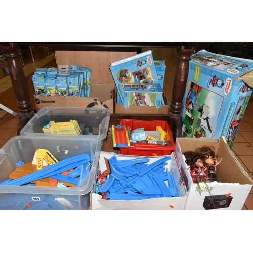 450 - SEVEN BOXES AND LOOSE TOMY THOMAS THE TANK ENGINE TOY RAILWAY, ETC, to include a box of boxed trains... 