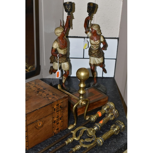 451 - A PAIR OF LATE NINETEENTH CENTURY SPELTER CANDLESTICKS, FIRE IRONS AND TWO WOODEN BOXES, the cold pa... 