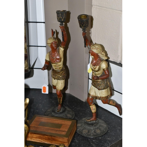 451 - A PAIR OF LATE NINETEENTH CENTURY SPELTER CANDLESTICKS, FIRE IRONS AND TWO WOODEN BOXES, the cold pa... 