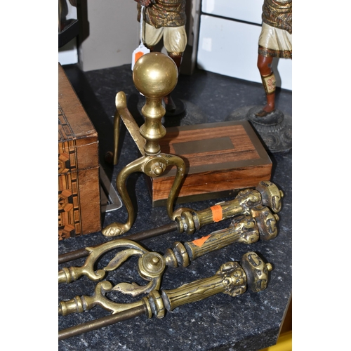 451 - A PAIR OF LATE NINETEENTH CENTURY SPELTER CANDLESTICKS, FIRE IRONS AND TWO WOODEN BOXES, the cold pa... 