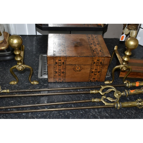 451 - A PAIR OF LATE NINETEENTH CENTURY SPELTER CANDLESTICKS, FIRE IRONS AND TWO WOODEN BOXES, the cold pa... 