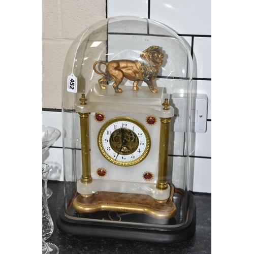 452 - A LATE 19TH CENTURY FRENCH ALABASTER MANTEL CLOCK UNDER A GLASS DOME, the rectangular clock with gil... 