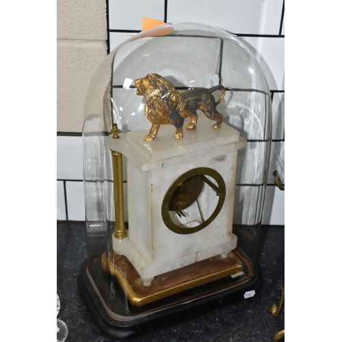 452 - A LATE 19TH CENTURY FRENCH ALABASTER MANTEL CLOCK UNDER A GLASS DOME, the rectangular clock with gil... 