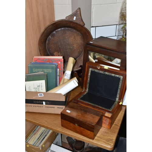 455 - A BOX AND LOOSE TREEN, BOOKS AND EPHEMERA, to include a rustic wooden dough bowl, diameter excluding... 