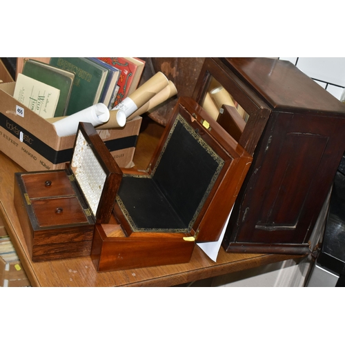 455 - A BOX AND LOOSE TREEN, BOOKS AND EPHEMERA, to include a rustic wooden dough bowl, diameter excluding... 