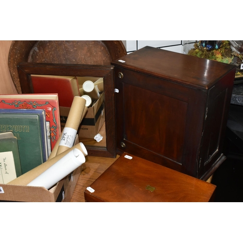 455 - A BOX AND LOOSE TREEN, BOOKS AND EPHEMERA, to include a rustic wooden dough bowl, diameter excluding... 