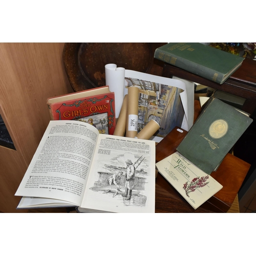 455 - A BOX AND LOOSE TREEN, BOOKS AND EPHEMERA, to include a rustic wooden dough bowl, diameter excluding... 