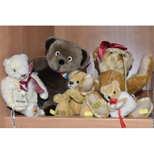 458 - FOUR MERRYTHOUGHT TEDDY BEARS, comprising Isabel no 730/2500, fully jointed with golden mohair, and ... 