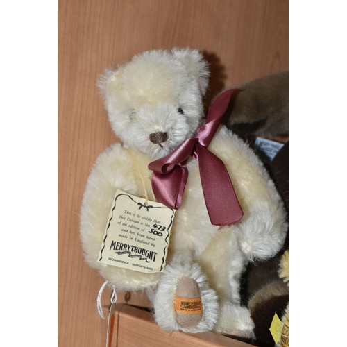 458 - FOUR MERRYTHOUGHT TEDDY BEARS, comprising Isabel no 730/2500, fully jointed with golden mohair, and ... 