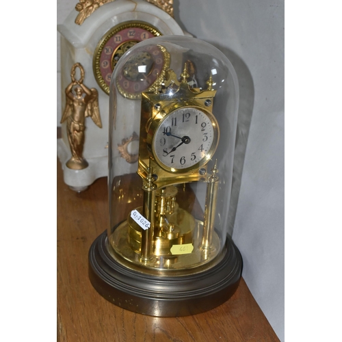 461 - TWO CLOCKS, comprising a white marble cased mantel clock with brocot escapement, two gilt metal wing... 