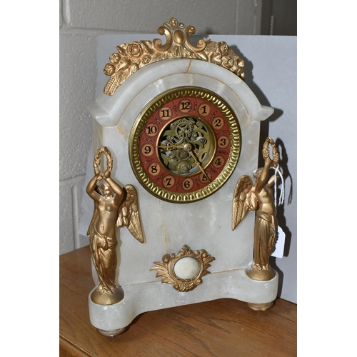 461 - TWO CLOCKS, comprising a white marble cased mantel clock with brocot escapement, two gilt metal wing... 