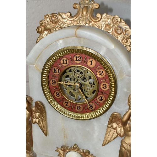 461 - TWO CLOCKS, comprising a white marble cased mantel clock with brocot escapement, two gilt metal wing... 