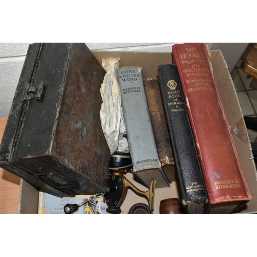 463 - TWO BOXES OF ANTIQUARIAN BOOKS AND ASSORTED ORNAMENTS, to include a Mr. Pickwick pages from the Pick... 