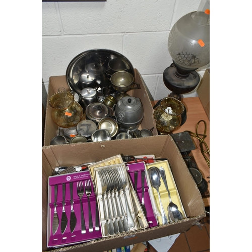 464 - TWO BOXES OF METAL WARES ETC, to include boxed and loose flatware, pewter tankards, stainless steel ... 